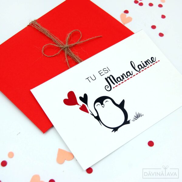 apsveikumu kartiņa valentīndienai, sirsniņdiena, pingvīna ilustrācija, mīlestības vēstule